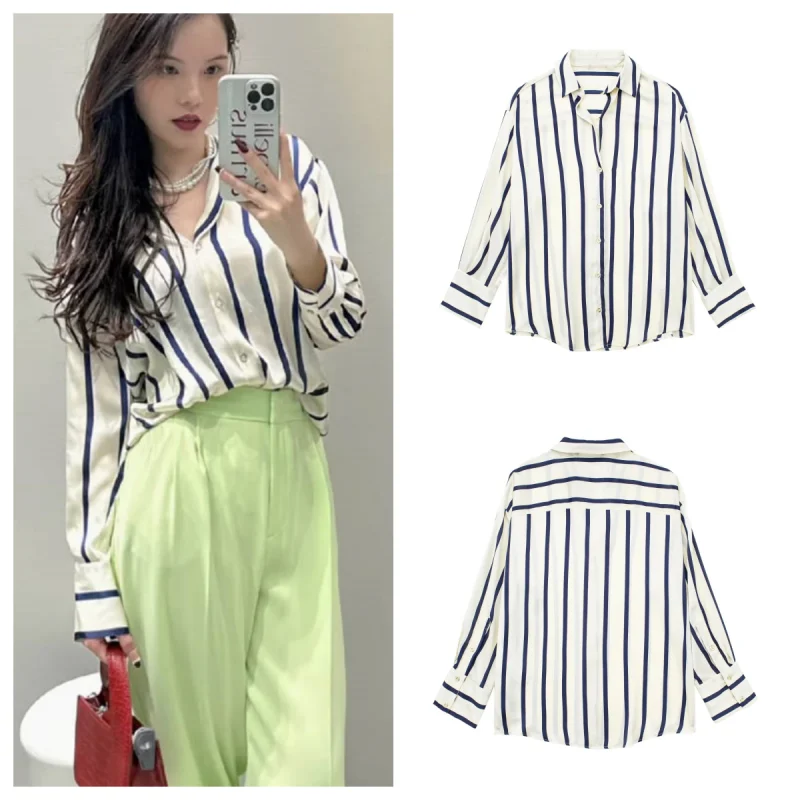 

2023 spring and summer new women's commuting striped silk satin texture loose V-neck all-match shirt