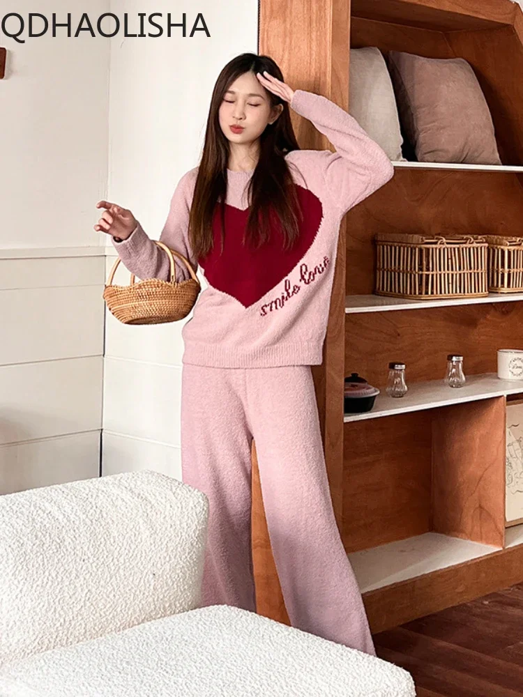 

2 Piece Sets Women Outfit Autumer Winter Warm Pajamas Sweet Cute Suit Love Cloth Casual Loose Pants Set Soft Tacvksuit Korea New