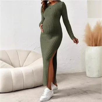 Side Splits A Line Slim Knitted Dress Maternity Autumn Winter American Casual Long Sleeve Clothes for Pregnant Women Pregnancy