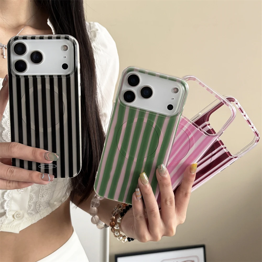 Cute Colorblock Stripes Pattern For Magnetic Wireless Charging For iPhone 17 16 15 14 13 12 Pro Max 11 Pro Max Shockproof Cover 1