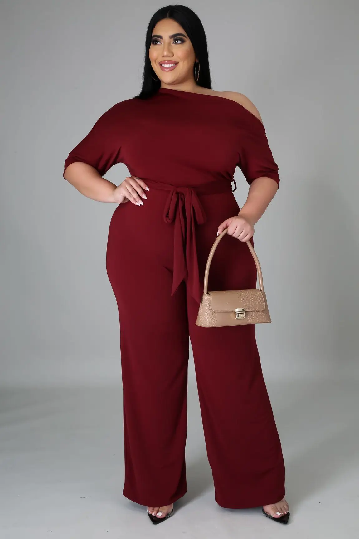 Plus Size Women Jumpsuit Solid One Shoulder One Piece Outfit Lady Casual Wide Leg Pants 2022 Summer Female Belt Wholeale Clothes