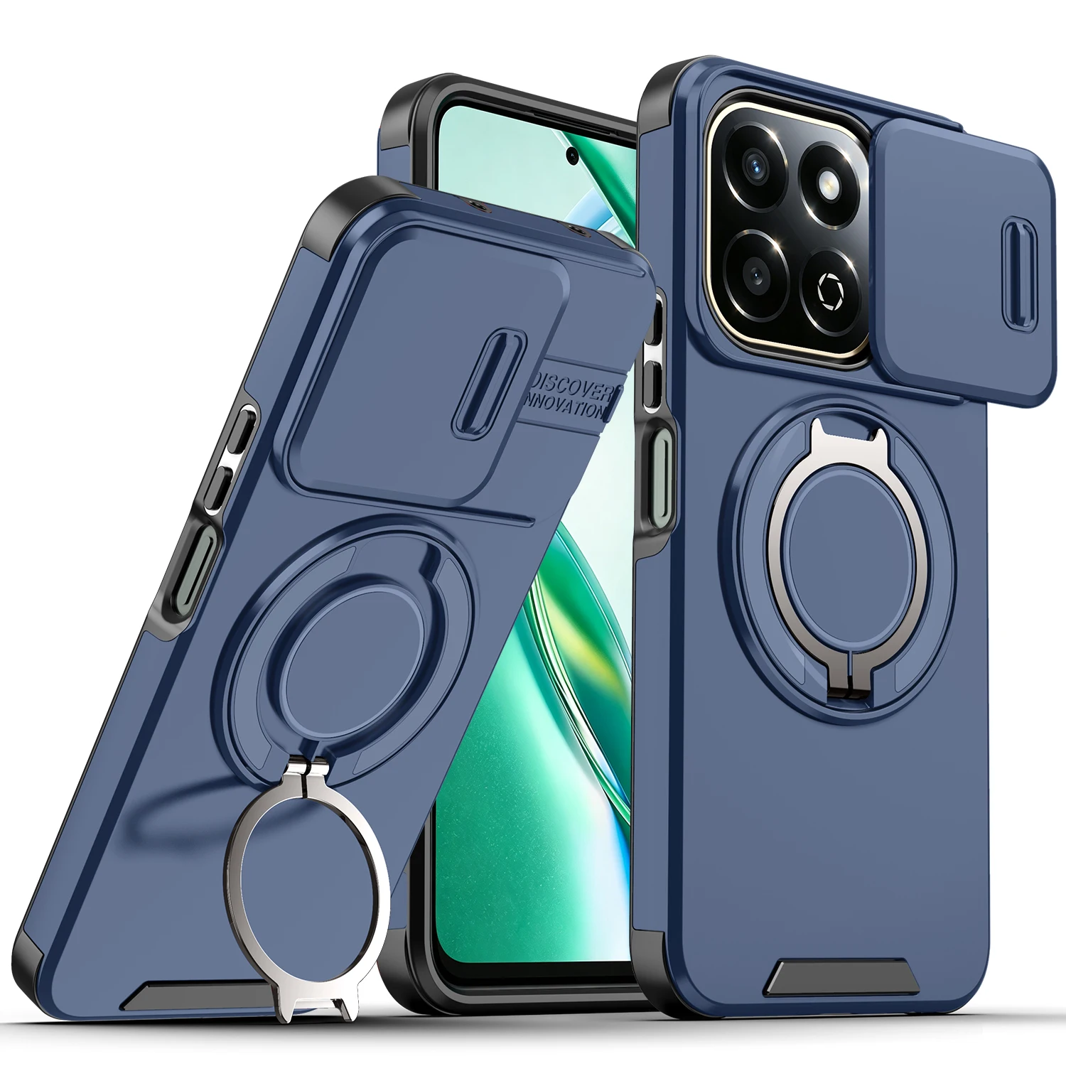Magnetic Metal Ring Stand Armor Case with Slide Window Lens Protection