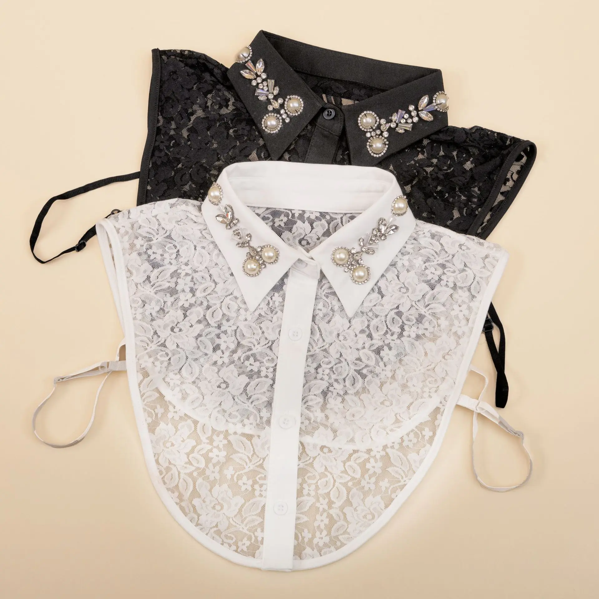 

Women Lace Floral Handmade Beads Fake Collar Vintage Shirts Detachable Collars Decorative Female Lapel False Faux Collar