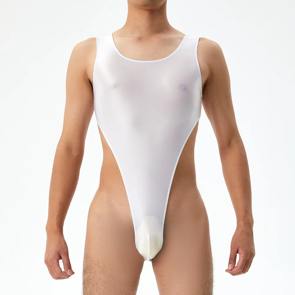Glossy Men\'s Sexy Bodysuit Leotard Shiny Sleeveless Slim Romper Undershirts Jumpsuits Gay Porno Underwear