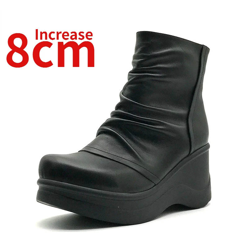 

Женские ботинки ручной работы из натуральной кожи, повседневные короткие сапоги с боковой молнией, плюшевые ботинки, увеличенный 8 см, осень/зима