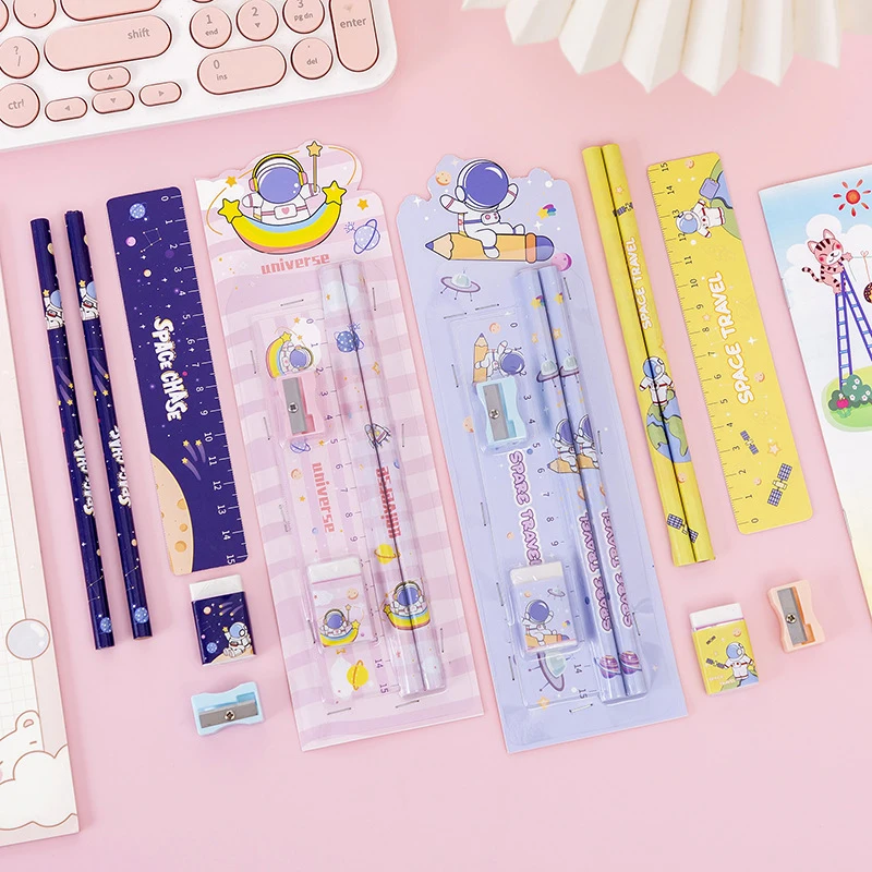 

5 in 1 Fantastic Space Travel Astronaut Pencil Set Cute Pencils Eraser Ruler School Office Writing Supplies Gift Stationary Set