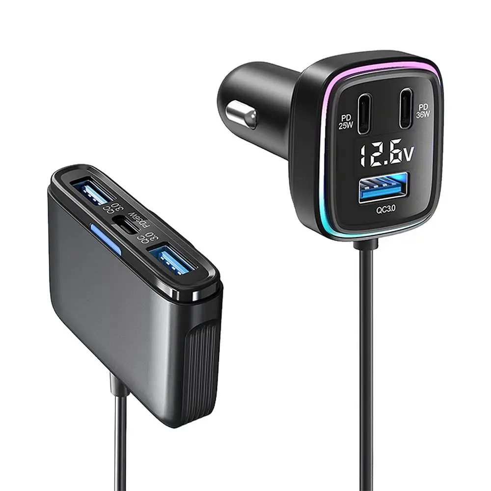Car USB Charger Multiport Multiport USB C Car Charger 6 Port Car Phone Charger Adapter with Voltage Display 1.5m/4.92Ft