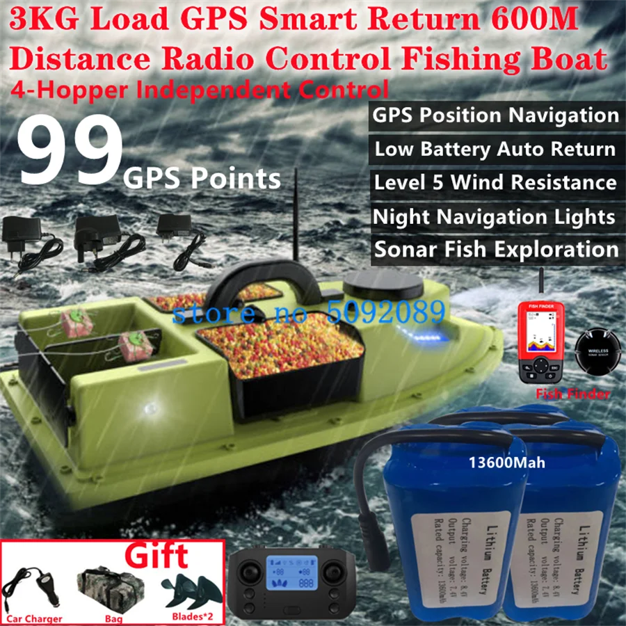Remote Control Boat Outdoor 4Hopper 99 GPS Bei Dou Points RC Bait Boat 3KG Load 600M LED Lighting Sonar Fish Exploration