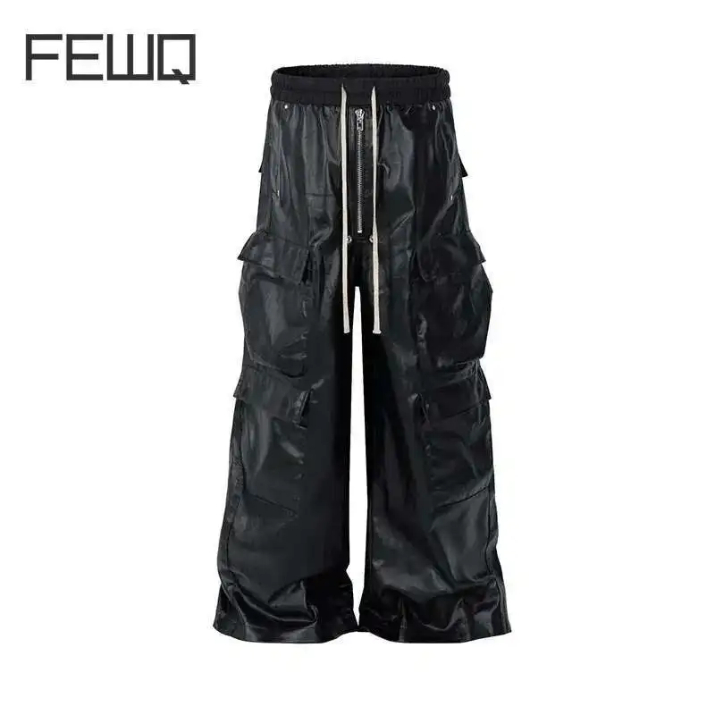 Men's Work Pants PU Leather Pocket Wide Leg Trousers Solid Color Darkwear Male Casual FEWQ 21Z7056 men trousers leather pants