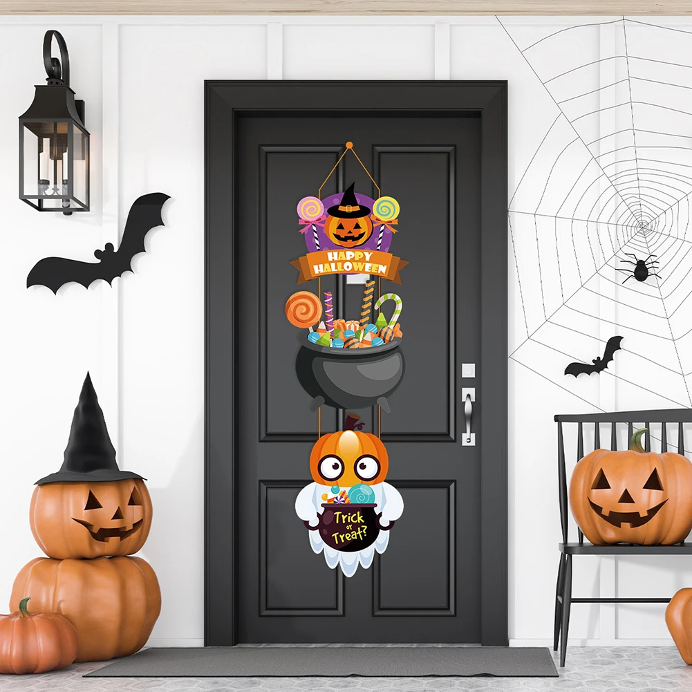 1Pc Halloween Pumpkin Door Hanging Sign Pendants Ghost Faced Bat Paper Front Door Hanger Halloween Party Decorations For Home