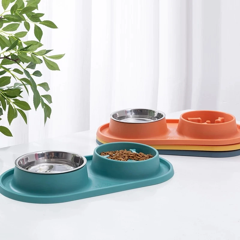 

Dog Double Bowl With Silicone Mat Cat Pet Food Water Feeder Drinking Bowls Stainless Steel Anti-Choking Non-Slip Basin