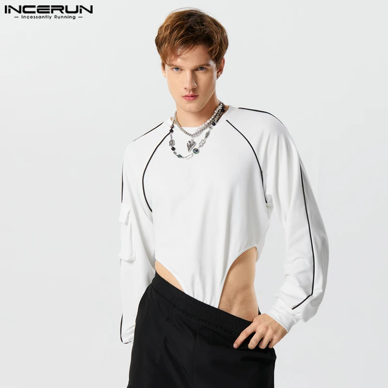 

INCERUN Men Bodysuits Patchwork O-neck Long Sleeve Streetwear T Shirts Romper 2023 Pockets Fashion Casual Male Bodysuit S-3XL