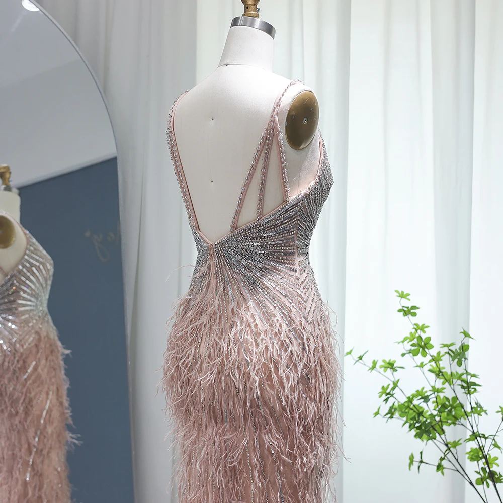 Luxury Beaded Mermaid Feathers Prom Dresses Sexy Spaghetti Straps Backless Rose Pink Evening Dress Arabic Formal Party Gown SCZ052 3 Luxury Beaded Mermaid Feathers Prom Dresses Sexy Spaghetti Straps Backless Rose Pink Evening Dress Arabic Formal Party Gown SCZ052 3