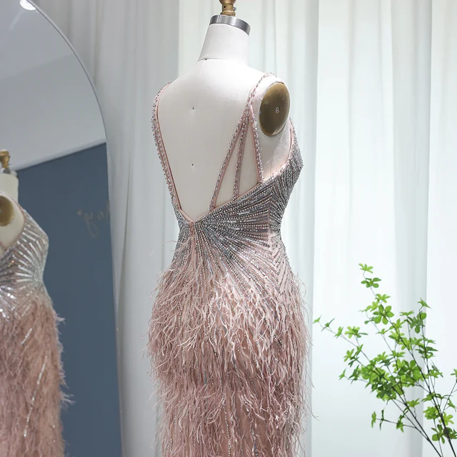 Luxury Beaded Mermaid Feathers Prom Dresses Sexy Spaghetti Straps Backless Rose Pink Evening Dress Arabic Formal Party Gown SCZ052 3