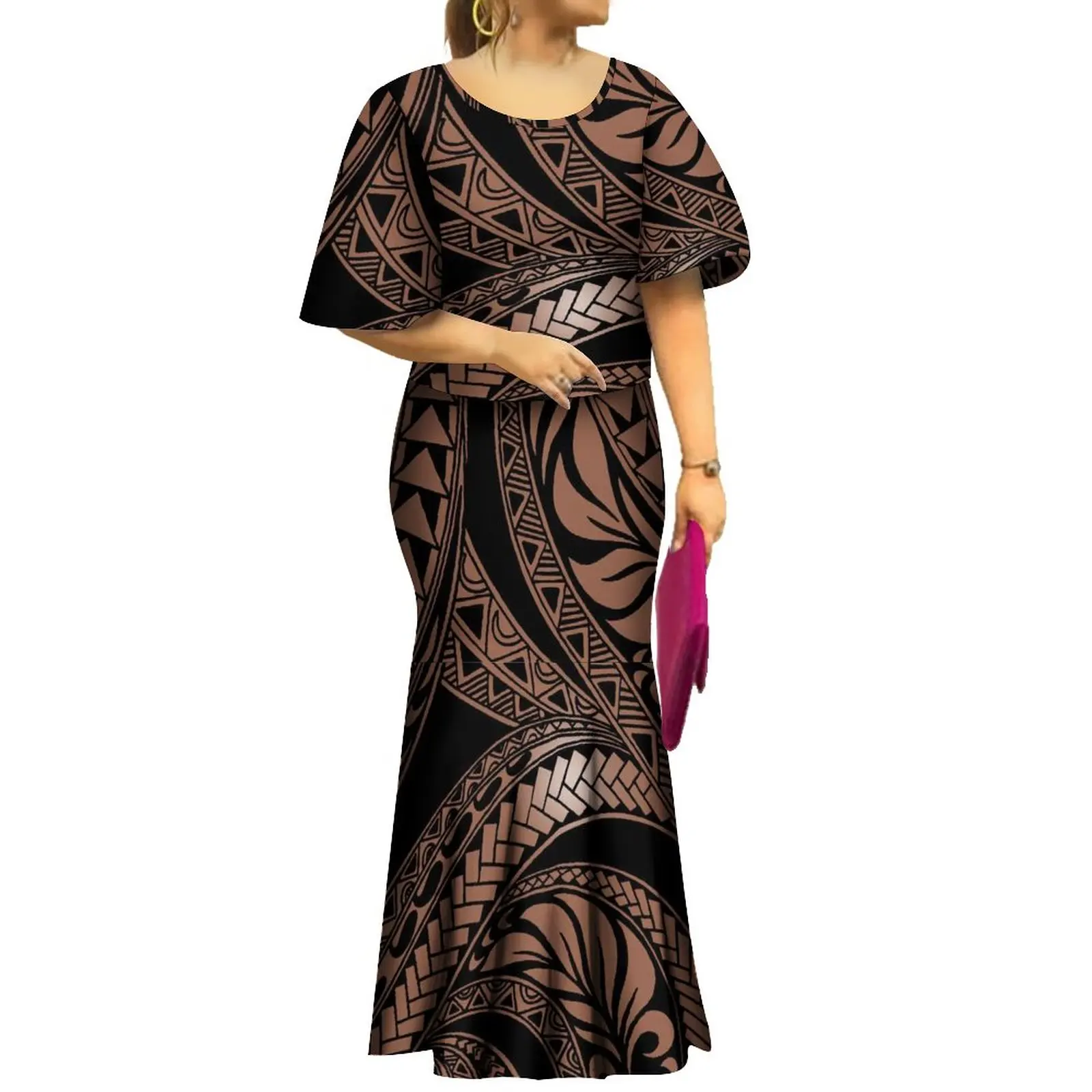 2022 New Samoan Puletasi Set Monstera Leaf Print Bat Sleeve Ptaha Blue Polynesian Top Maxi Fishtail Skirt Womens 2 Piece Set