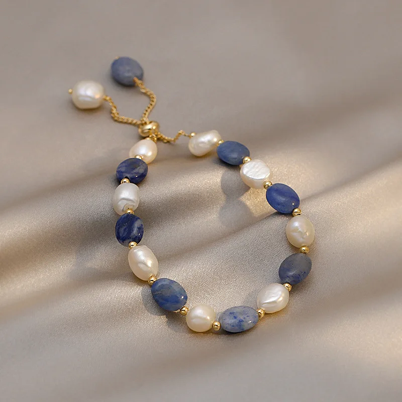 Vintage Sky Blue Natural Stone Natural Pearl Luxury Bracelet for Woman New Stainless Steel Cuff Bracelet Fashion Jewelry Gift - Image 4