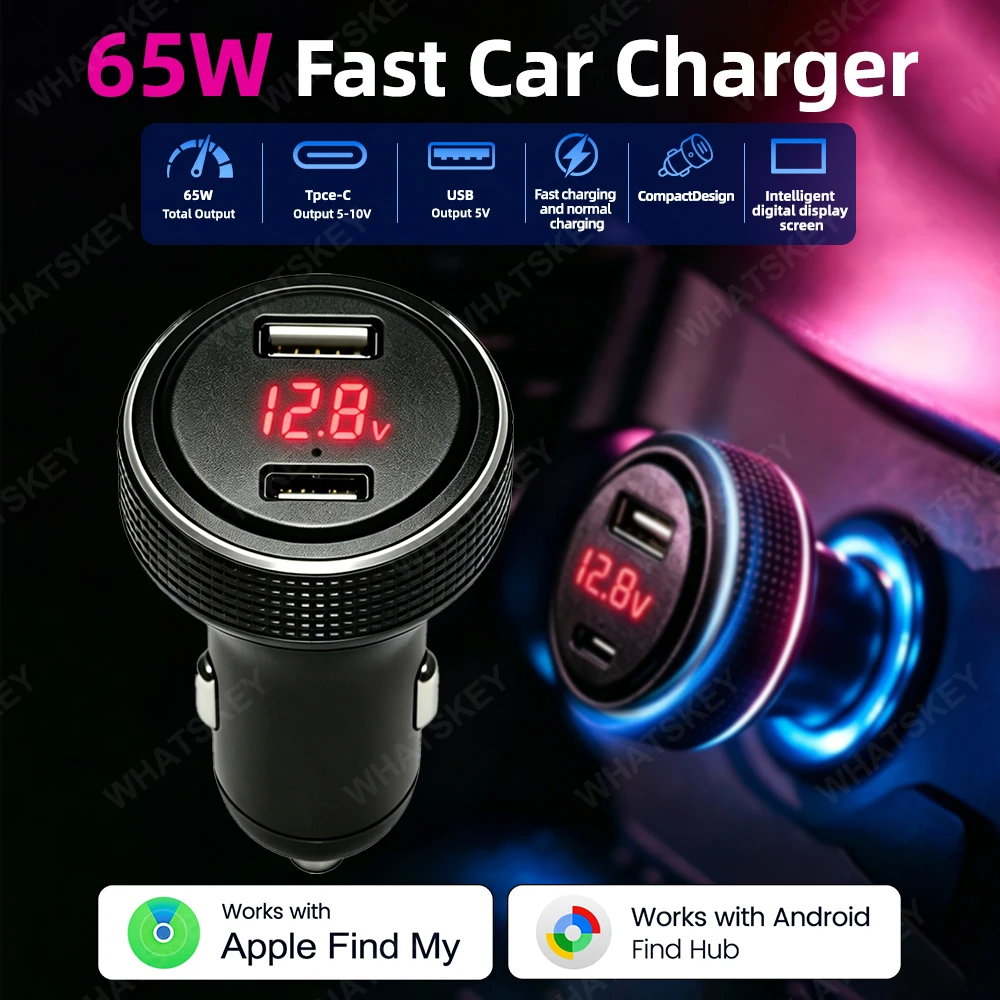 65w 고속 충전 차량용 충전기, IOS 및 구글 호환, 배터리 전압 디지털 디스플레이, 분위기 조명, 분실 방지 추적 장치