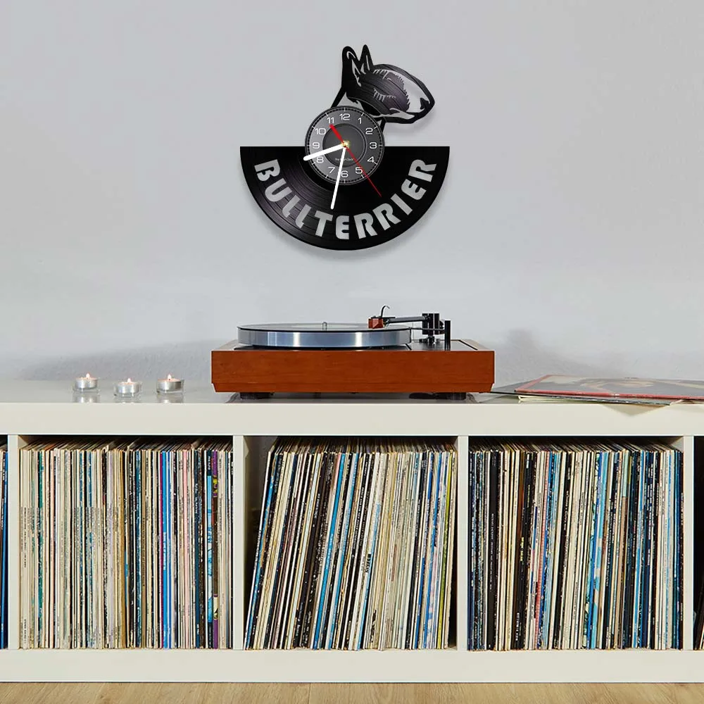 English Bull Terrier Vinyl Record Wall Clock Puppy Animal Home Decor Bullterrier Dog Lovers Retro Music Album Longplay Clock 4