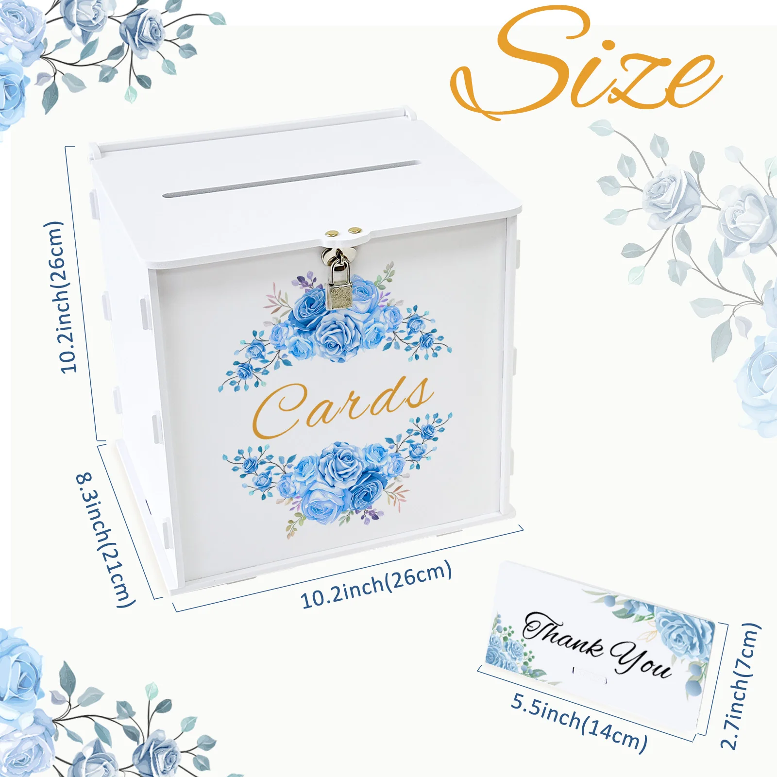 White Blue Double Flower Cluster Wedding Card Box with Lock, PVC Gift Card Box for Wedding Reception, Graduation Baby Shower