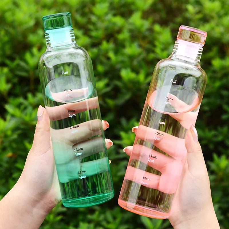 500ml Milk Juice Cute Water Bottle with Time Scale, Portable Colorful Water Cup Grass Bottles Creative Handy Cup, Glass Beverage Bottles, Size: 8.86