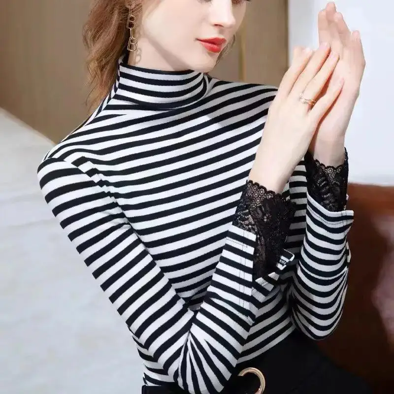 Women's Clothing Autumn and Winter New Oversize Versatile Fashion Half High Neck Long Sleeve Solid Color Plush Stripe Pullover