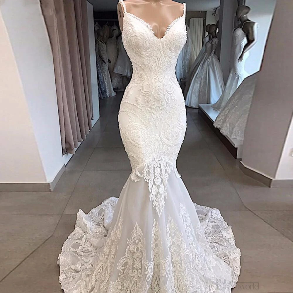 Haute Couture Elegant White Embroidery Spaghetti Strap Bride Dress Mermaid Appliques Sweep Train Floor-Length Wedding Dress kaunissina sexy open back wedding dress sleeveless spaghetti straps floor length simple wedding gowns bride marriage white dress