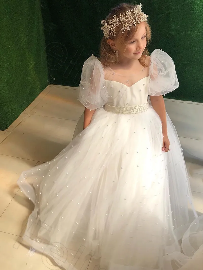 

Pearls Puffy Sleeves Girl Wedding Party Dress Tulle Flower Girl Dress Shining Princess Kids Dress First Communion Dress