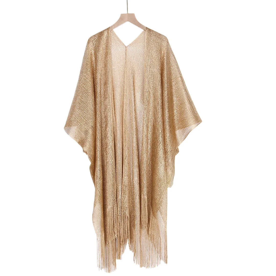 Gold Crochet Cover Up Women Sun Protective Beach Shirt Sheer Mesh Tunic with Shiny Tassel Trim Resort Wear Swimwear Cover Ups 6