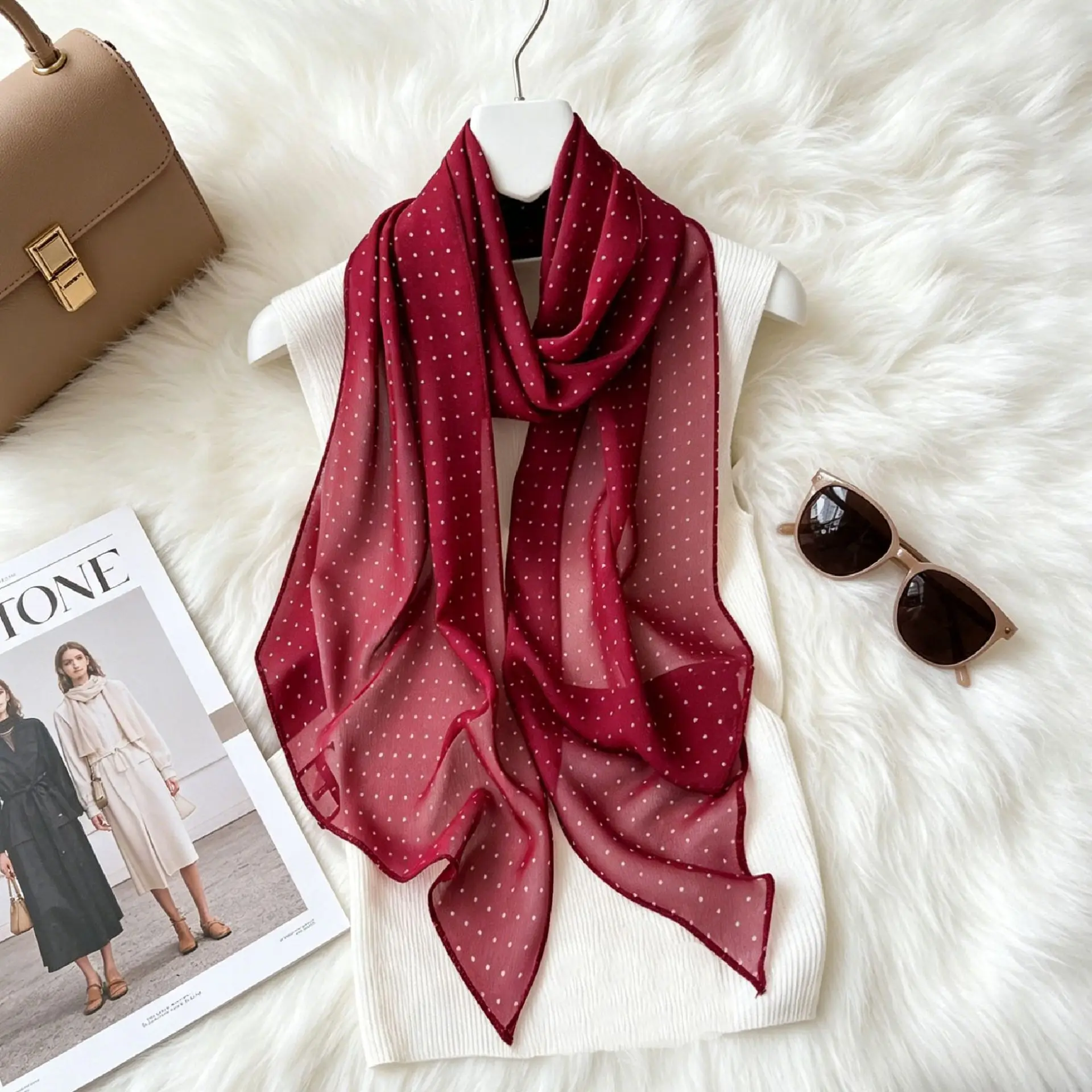 Ladies New Ins Style Brown Chiffon Polka Dot Long Silk Scarf Multifunctional Accessory Neck Women's Headband Tie Hair Towel