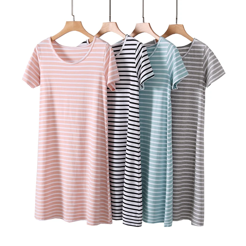 

Summer Women's Modal Short Sleeved Nightgown Oversized O-Neck Striped Casual Home Clothing Female Loose Simple Thin Pajamas