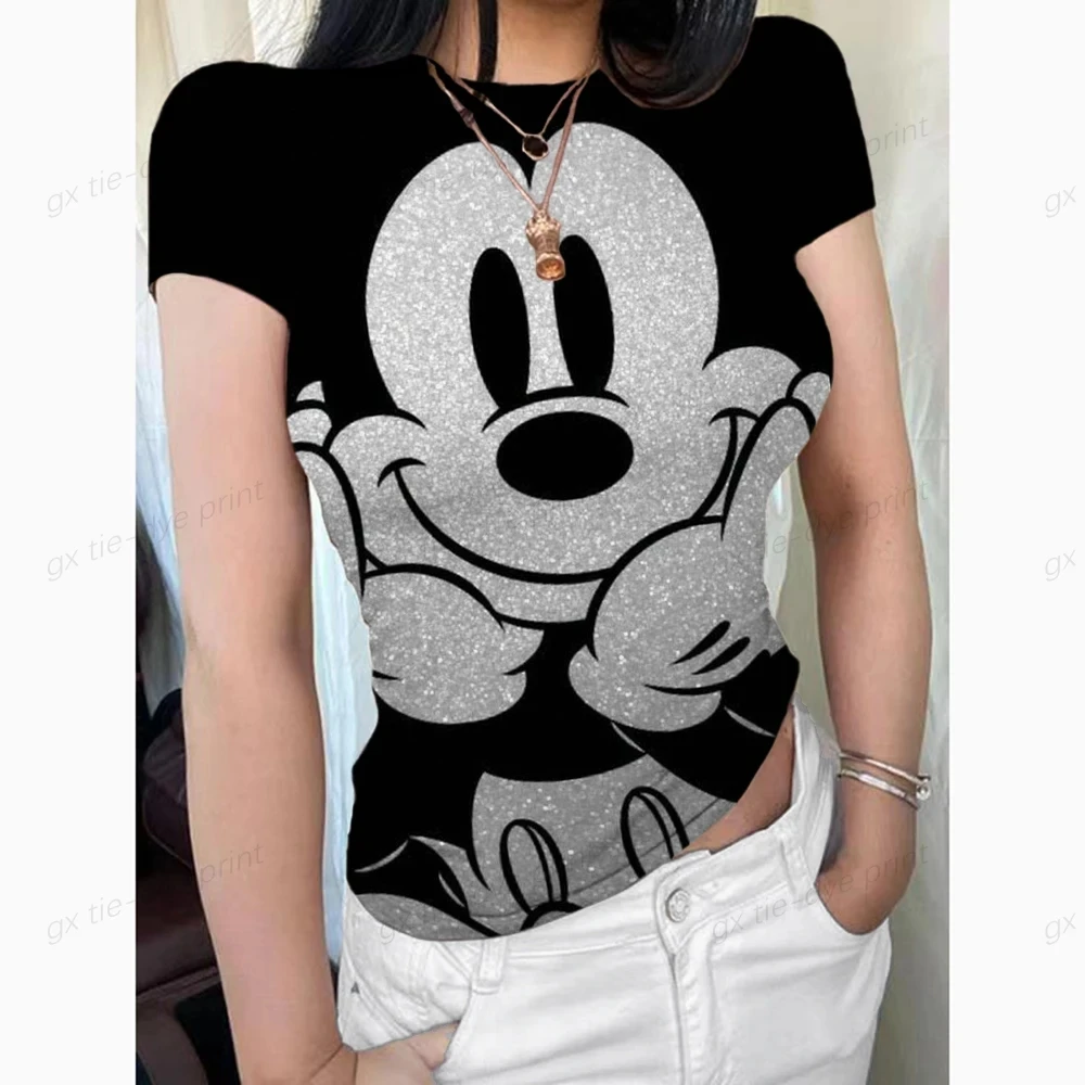 thumbnail image 1 of Camiseta básica de manga corta para mujer Camiseta con estampado de flores de Mickey Mouse de Disney Camiseta de moda coreana para mujer Top ajustado con cuello redondo, 1 of 5
