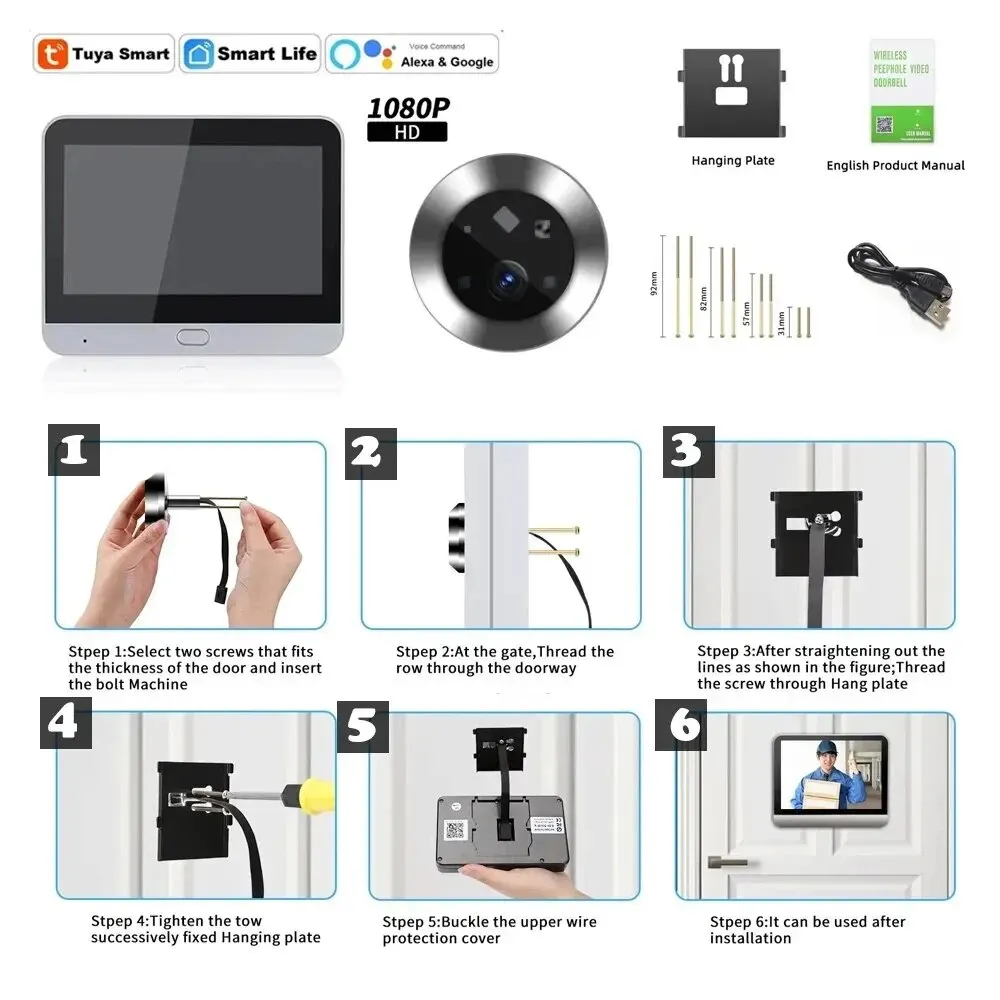 4.3 Inch Tuya Wide Angle Video Doorbell Camera One Way Intercom Motion Detection Wifi 5000mAh Battery