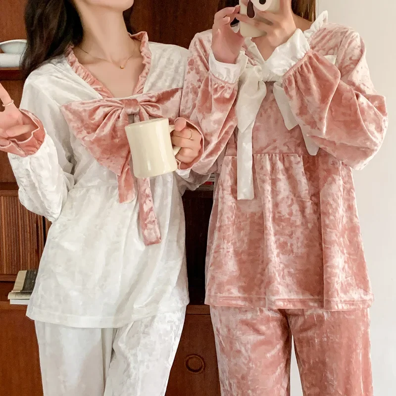 

Женский пижамный комплект, зимняя одежда для сна, однотонные теплые комплекты из 2 предметов, пижамы для женщин, домашняя одежда, одежда для сна с длинным рукавом, Женский Пижамный костюм