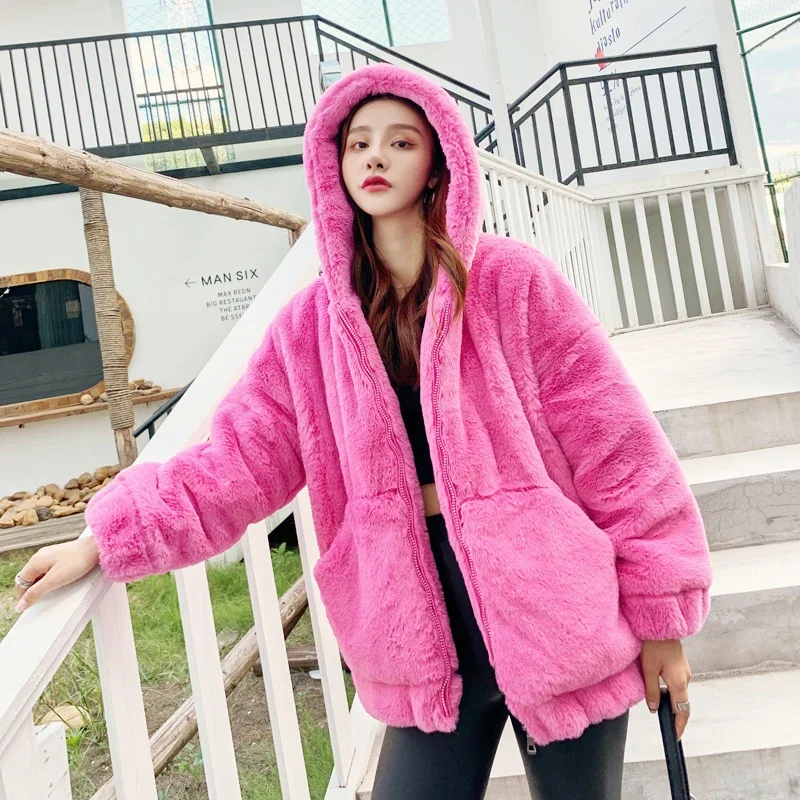 2023 Autumn Winter Women's Sweatshirt Jacket Loose Hooded Plush Fashion Thick Warm Faux Fur Imitate Rabbit Furry Mid-Length Coat