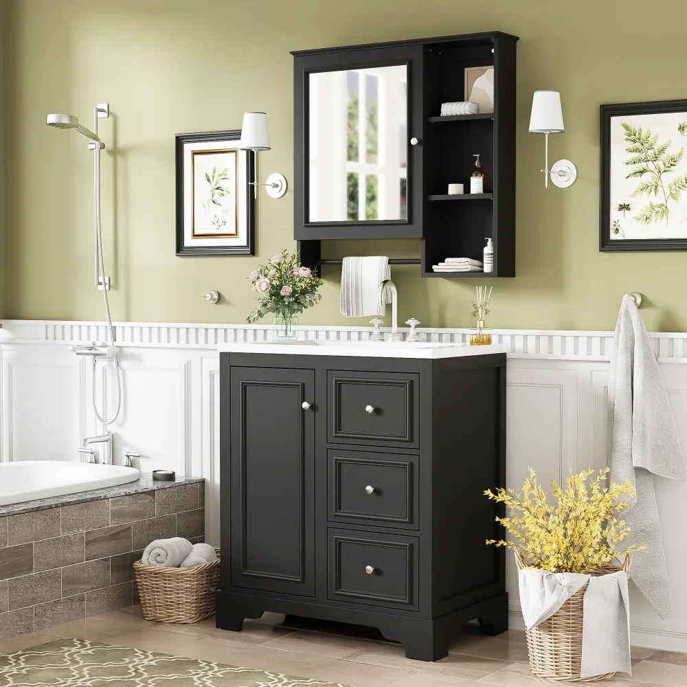 30 Inch Bathroom Vanity with Sink, Modern Elegant Bathroom Storage Cabinet with 3 Drawers and Adjustable Shelves 3