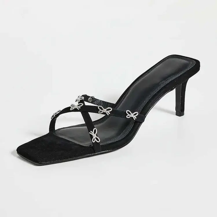 

Black Vegan Suede Square Toe Bow Crystal Kitten Heel Mules Sandals