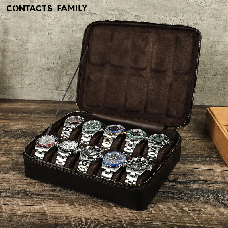 Genuine Leather Luxury Vintage 10 Slots Watch Case Organizer Men