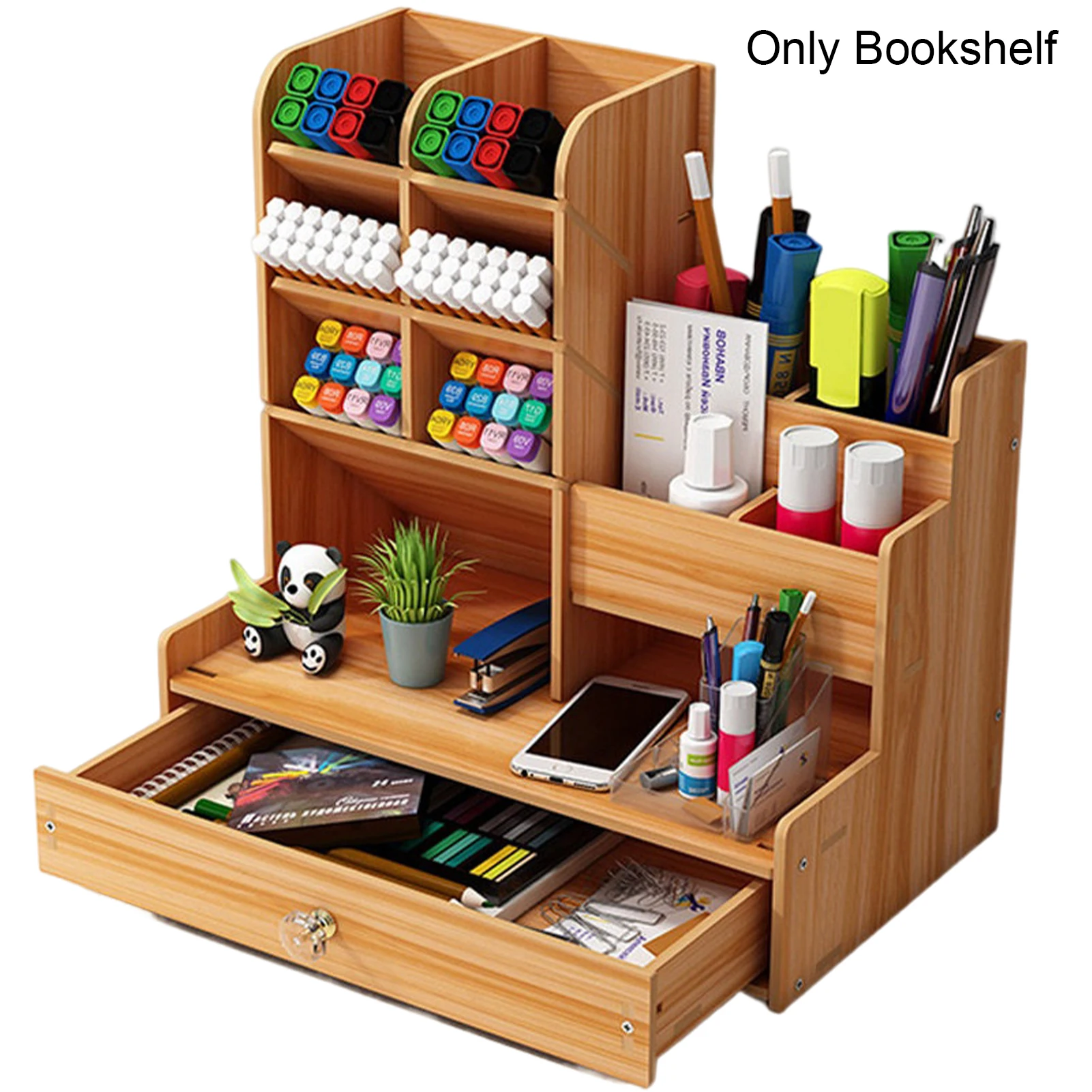 

Wooden Pen Holder Stationery Storage Box Desk Organizer Large Capacity Home Office School Wood Pencil Holder Rack with Drawer
