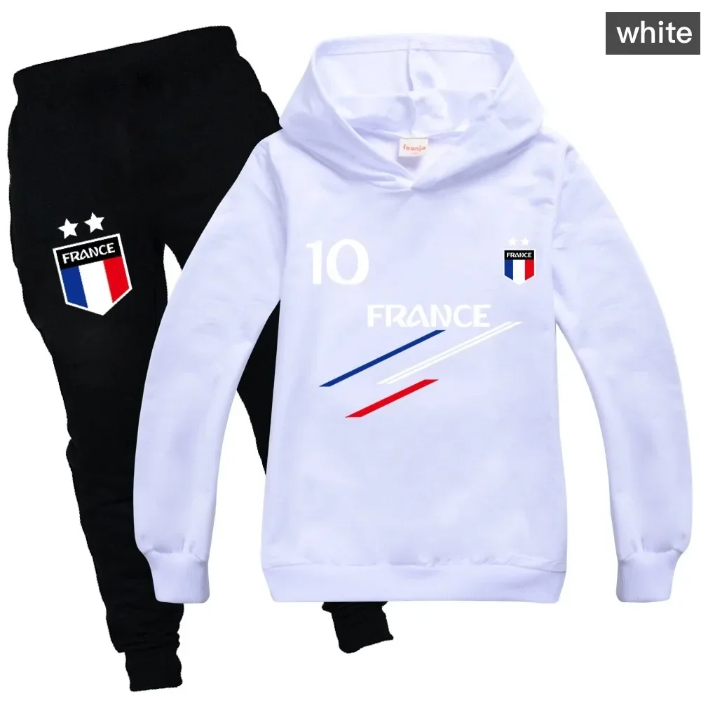Nueva ropa de primavera y otoño para niños, conjunto de chándal de fútbol de Francia 10, camisetas y pantalones de 2 piezas, conjuntos para niños y niñas de 2 a 15 años