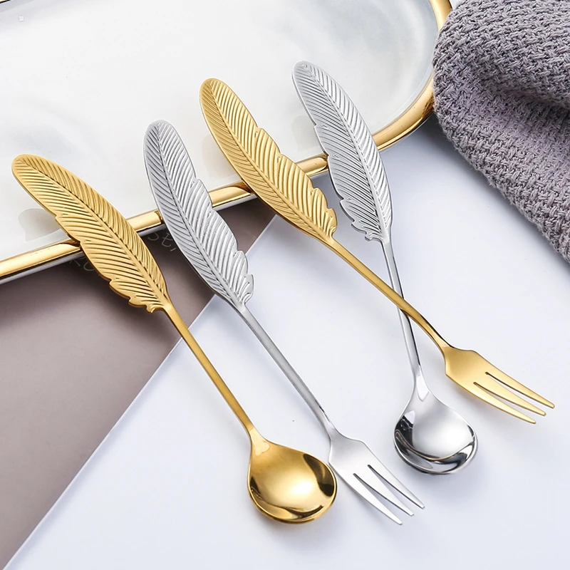 

Long Handle Feather Coffee Stirring Spoon Stainless Steel Honey Mixing Teaspoon Ice Cream Dessert Scoop Decor for Kitchen Cake