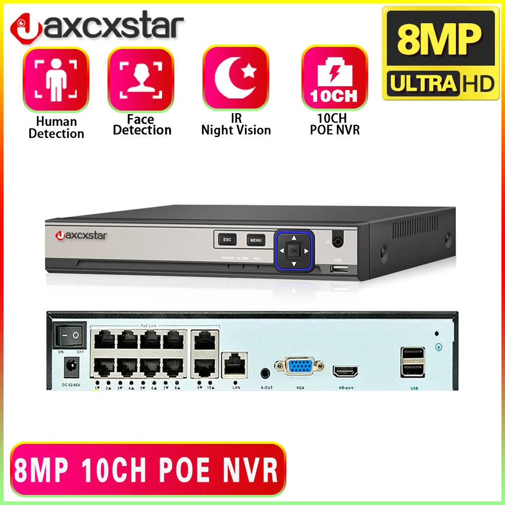 

10Ch POE NVR H.265 Xmeye 4K 10Channel Video Recorder With Face Detect Audio Out Onvif P2P For POE 8MP 5MP Surveillance IP Camera