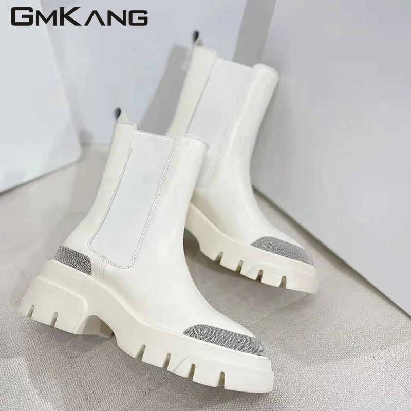 Hot Sale Ankle Boots Women Genuine Leather Black White Short Boots Round Toe Chain Decoration Thick Sole Motorcycle Boots Woman