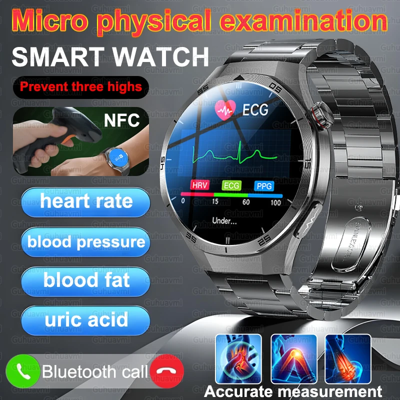 Non-Invasive Reduce Three Highs Health Smart Watch Men ECG Blood Fat Uric Acid Blood Pressure BT Call NFC Smartwatch
