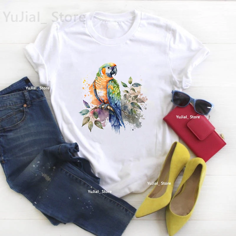 

Watercolor Cockatiel Parrot Print T Shirt Girls Funny Casual Tshirt Women Harajuku Kawaii Bird T-Shirt Female