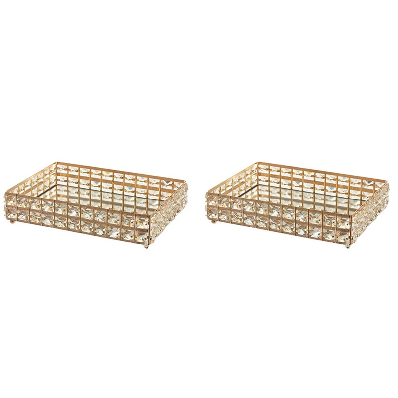 

2PC Square Crystal Tray Household Cosmetics Storage Pallet Fruit Container Snacks Plate Wedding Decor Supplies -Gold