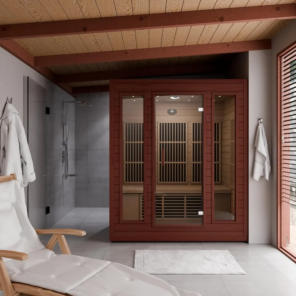 Home Sauna Room for 3 Person Hemlock Wooden Indoor Sauna Spa - Bluetooth Speaker, Heating Plate, Touch Control Panel Temperature 5