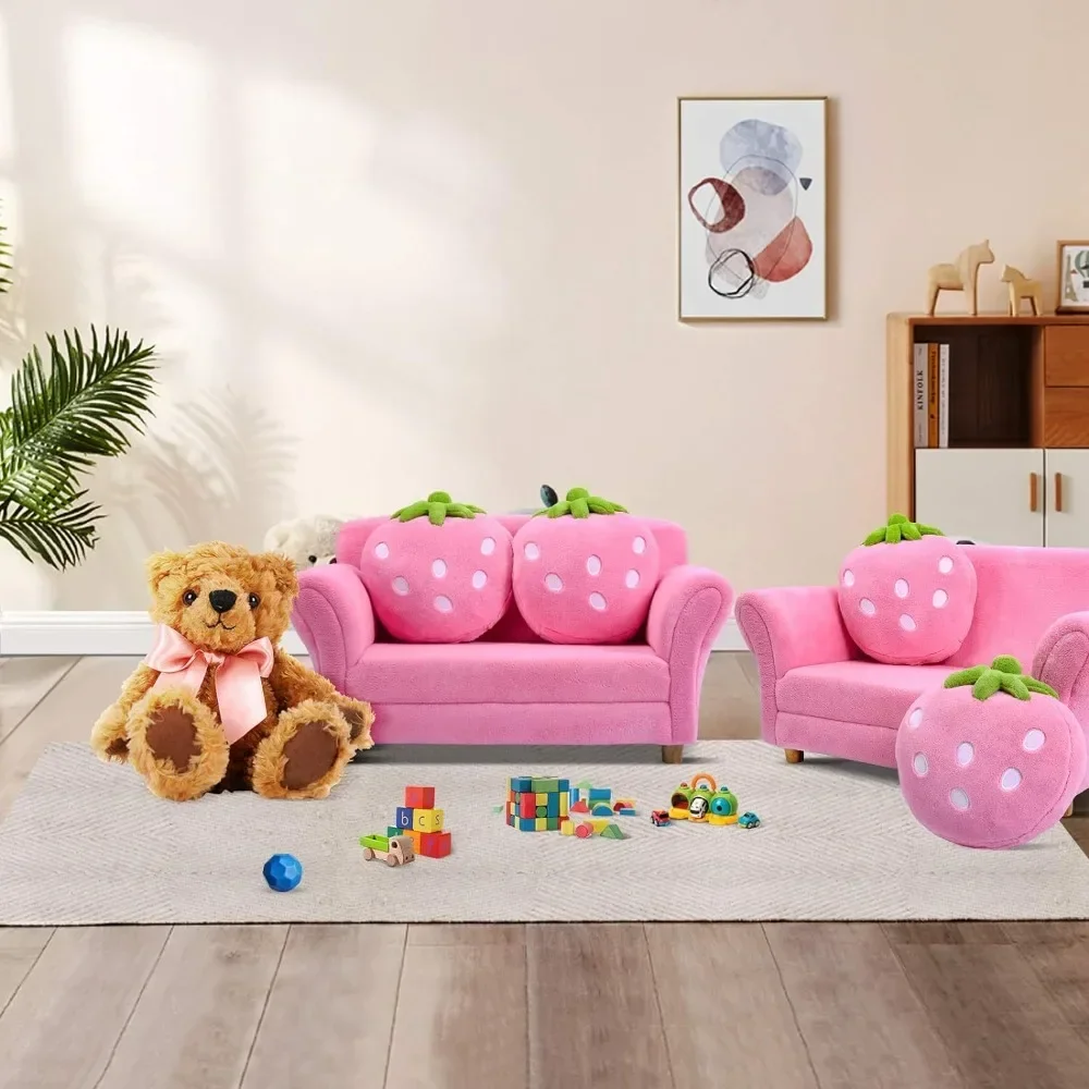 Children's sofa, upholstered toddler armchair with ergonomic backrest and 2 strawberry pillows, two-seater toddler armchair 2