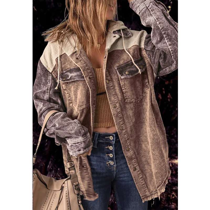 

Female Casual Loose Fall Winter Corduroy Coat BF Style Pocket Hooded Outerwear Women Fashion Patchwork Vintage Color Jacket Tops