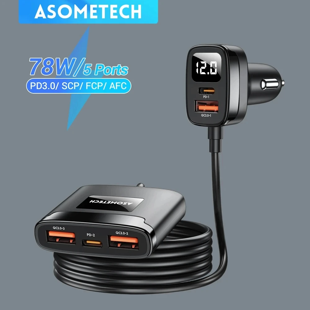 차량용 USB C타입 멀티 포트 고속 충전기, 디스플레이 포함, 아이폰 14, 13 프로, QC3.0, PD3.0, PPS, 5 인 1, 78W 