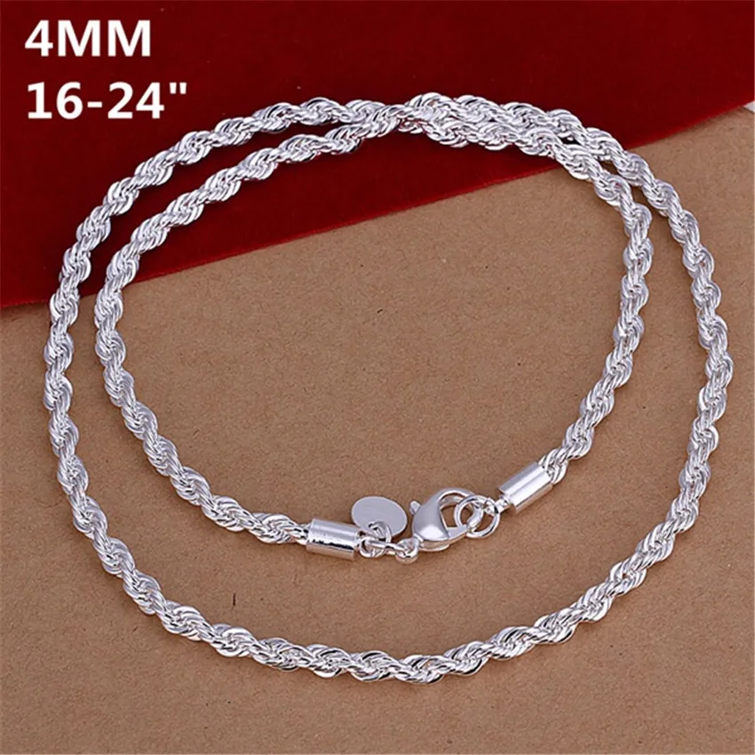 16-24inch for Women Men Beautiful Fashion 925 Silver Color Charm 4MM Rope Chain Necklace Fit Pendant High Quality Jewelry 3